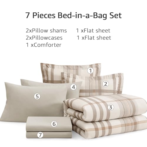 MaiRêve Full Size Comforter Set Brown Grey, Classic Plaid Farmhouse Bedding Sets 7 Pieces, All Season Lightweight Bed in a Bag with Sheets, Pillowcases & Shams - color: Brown Grey, size: Full