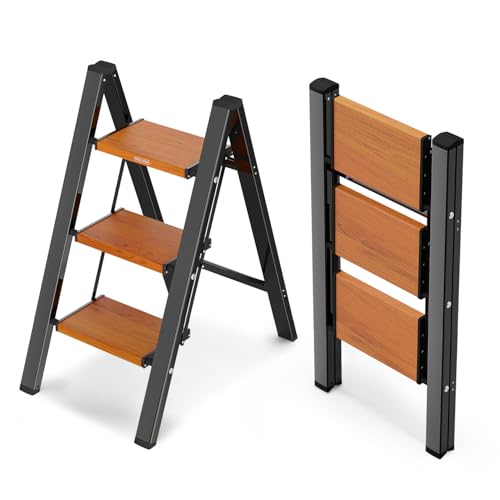 WOA WOA Step Ladder with Widened Pedals, Folding Step Stool with Anti-Slip Feet, Portable Home Ladder for Adults, Kitchen Small Stepladder 300 lbs Capacity (3 Step, Black & Wood Grain) - color: Black & Wood Grain, size: 3 Step