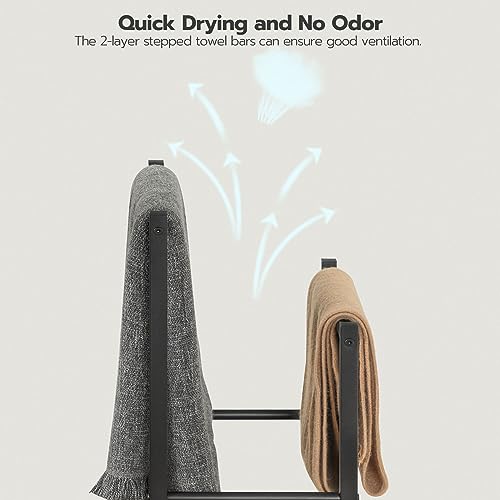 HOOBRO Free Standing Towel Rack for Bathroom, 2 Tier Blanket Rack, 16.5" L x 9.4" W x 31.5" H, Blanket Holder, Drying and Display Rack with Shelf, Rustic Brown and Black BF02LB01 - color: Rustic Brown + Black, size: 16.5"L x 9.4"W x 31.5"H