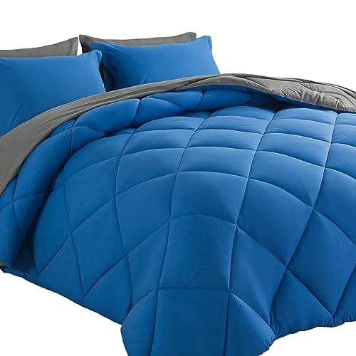 Cosybay Bed in a Bag Full Comforter Sets 7pcs All Season Solid Down Alternative Bedding Sets Blue and Grey with Comforter, Pillow Shams, Flat Sheet, Fitted Sheet and Pillowcases - color: Blue/Grey, size: Full