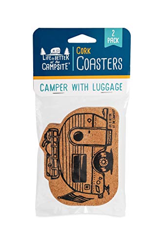 Camco Life is Better at The Campsite Coasters - Features Unique RV Themed Design & Crafted of Cork - Prevents Water Rings & Water Marks on Furniture - 2-Pack (53384)