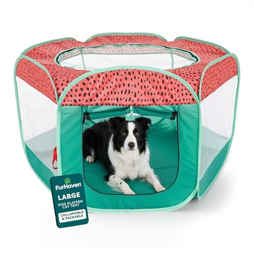 FurHaven Soft-Sided Dog & Cat Playpen, Portable Foldable Indoor & Outdoor Pet Playpen with Mesh Windows & Zippered Door, Green & Pink, Large - color: Green & Pink, size: Large