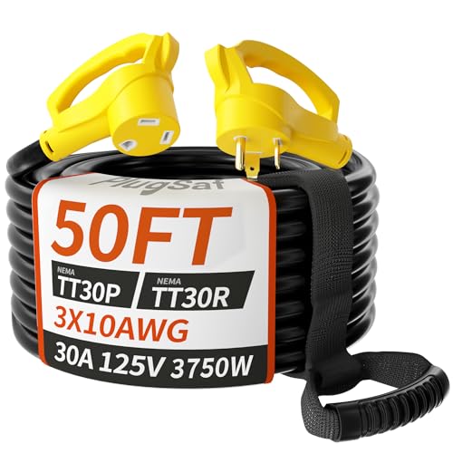 PlugSaf 50 FT 30 Amp RV Extension Cord Outdoor with Grip Handle, Flexible Heavy Duty 10/3 Gauge STW RV Power Cord Waterproof with Cord Organizer, NEMA TT-30P to TT-30R, Black-Yellow, ETL Listed - size: 50FT, style: 30A（TT-30P/R）