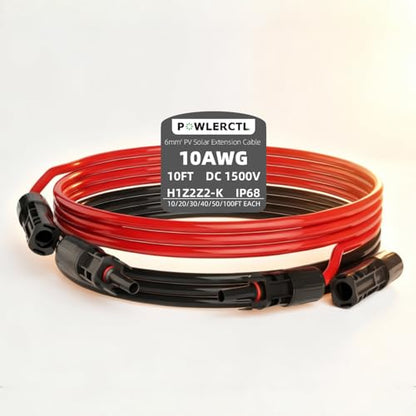 Solar Panel Extension Cable 10 AWG 10Ft 6mm² Wire Gauge Certified PV Cable,100% Tinned Copper with Male and Female Waterproof mc4 Connectors,for RV, Home Boat Photovoltaic Systems - size: 10AWG 10FT×2
