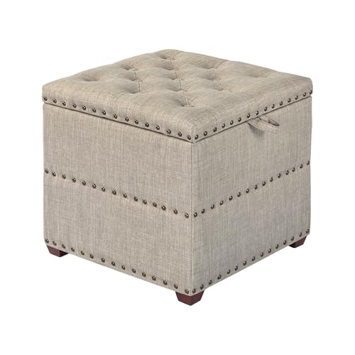Adeco 18 Inch High Cube Ottoman Storage, Linen Beige Chair Foot Stools with Tray, Upholstered Vanity Stool with Solid Wood Legs - color: Beige With Nails