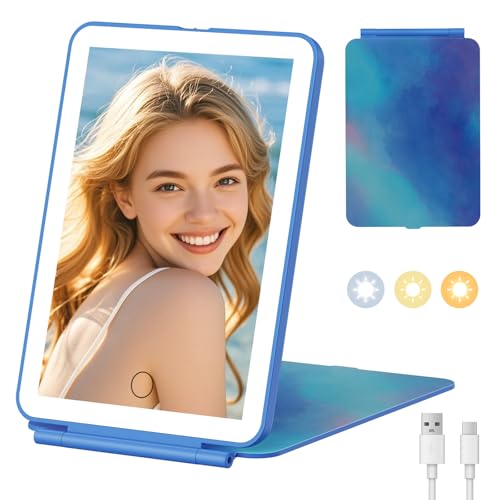 FUNTOUCH Rechargeable Travel Makeup Mirror with Light, 2000mAh Portable Makeup Mirror with 3-Color Lighting, Dimmable Touch Screen, Tabletop LED Folding Cosmetic Compact Vanity Mirror - color: Blue-violet-a