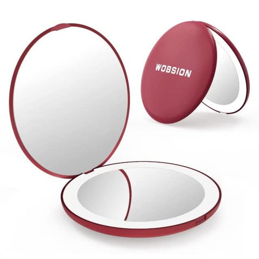 WOBSION Travel Compact Mirror,Portable 1x/10x LED Makeup Mirror with Magnification,Handheld 2-Sided Pocket Mirror, 3.5in Small Mirror for Purse,Handbag,Gift,Wine Red - color: 3.5inch Battery Wine Red