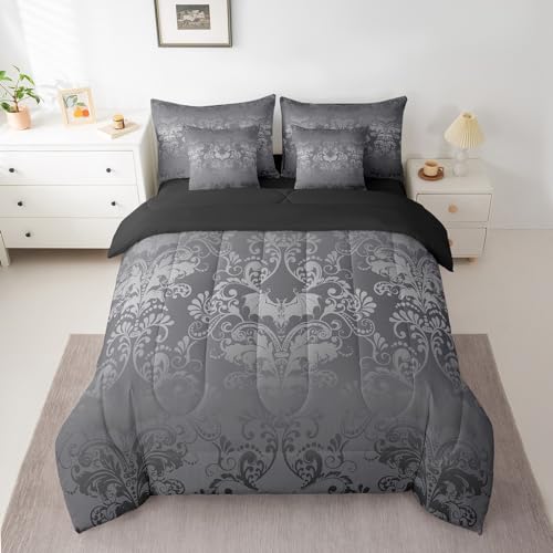 Erosebridal Gothic Damask Bed in a Bag Queen Comforter Set 7 Piece,Halloween Bat Bedding Sets Silver Gray Victorian Floral Goth Sheet Set with Comforter - color: Multi 10, size: Queen(7-Pieces)
