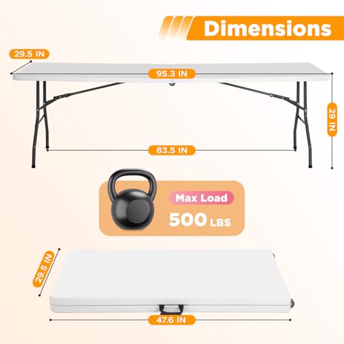 FDW 8FT Folding Table, Portable Fold-in-Half Plastic Picnic Party Table with Carrying Handle (White, 8FT) - color: White, size: 8 FT 94"x29"