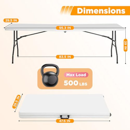 FDW 8FT Folding Table, Portable Fold-in-Half Plastic Picnic Party Table with Carrying Handle (White, 8FT) - color: White, size: 8 FT 94"x29"