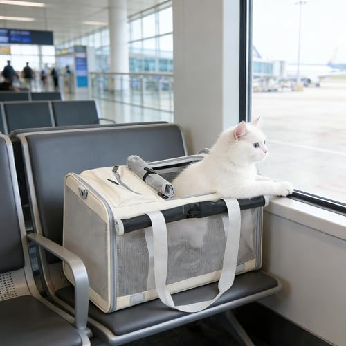 Pet Carrier Bag for Cats & Small Dogs, Airline Approved Travel Cat Carrier with Mesh Windows, Shoulder Strap & Removable Mat, Foldable Design for Home & Outdoor Trips - color: Beige