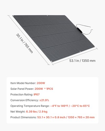 VEVOR Flexible Solar Panel, 200W Semi-Flexible Bendable Monocrystalline Solar Panel, 21.9% Efficiency Mono Off-Grid Charger with MC4 Output, IP67 Waterproof for Marine RV Car Cabin Curved Surfaces - size: 200W