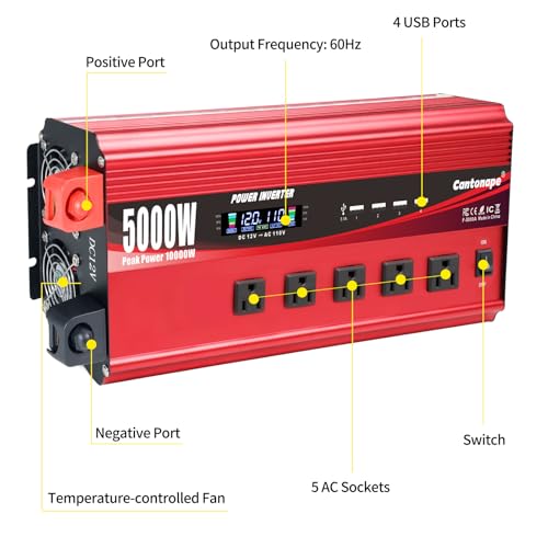 Cantonape 5000W Power Inverter 12V to 110V/120V DC to AC with LCD Display, Remote Controller 5 x AC Outlets and 4 x 3.1A USB Car Adapter for Car Truck Boat RV Solar System - size: 5000W-12V