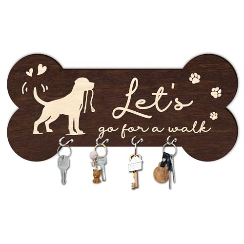 5“x 10” Wooden Key Holder with 4 Hooks - Let's Go for A Walk Dog Decorative Key Organizer for Wall - Home Office Kitchen Hallway Entryway Wall Decor for Keys, Dog Leash Hanging - A01 - color: Let's Go For A Walk