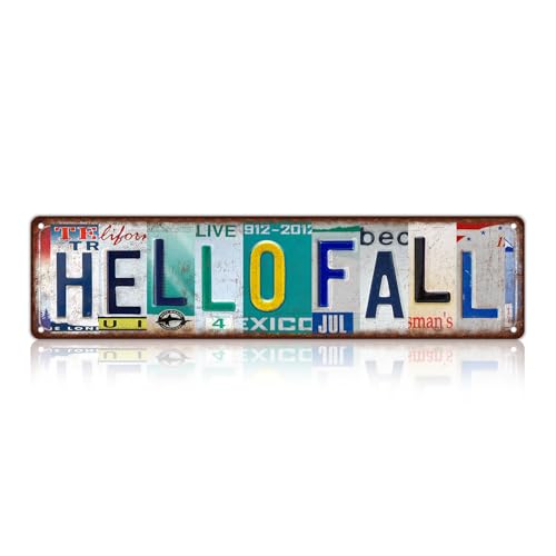 Vintage Hello Fall Metal Tin Signs Street Signs | Man Cave Wall Decor 16 x 4 Inches - color: Hello Fall