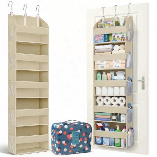 Over the Door Organizer with Toiletry Bag - 5 Shelf Hanging Organizer with 5 Large Pockets - Heavy Duty Storage for Bedroom, Bathroom, Pantry, Nursery (Beige) - color: Beige