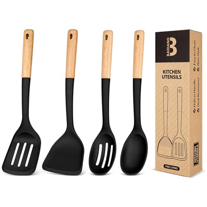 Silicone Cooking Utensils Set, Perfectly Angled for Frying, Mixing,Serving,Draining,Turning and Stirring, BPA-Free Matte Silicone, Wood Handles, Safe for Nonstick Cooking Surfaces,4 Pack (Black) - color: Black