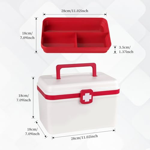 Medical First Aid Box with Handle and Detachable Tray, Double Layer Medicine Storage Case, Multipurpose Emergency Supplies Organizer for Home/Office/Travel/Car/Dorms