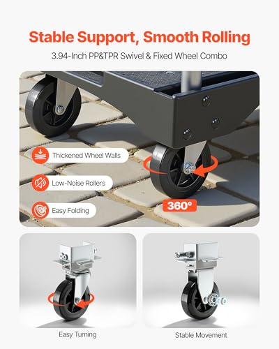 VEVOR Foldable Utility Cart, 330LBS Portable Dolly Cart with Telescoping Handle for Boxes, Crates, Groceries, Folding Platform Truck with 360° Swivel Wheels for Garage/Garden/Office, Black - size: 26.8 x 19.5 x 4.5 in/ 680 x 495 x 115 mm