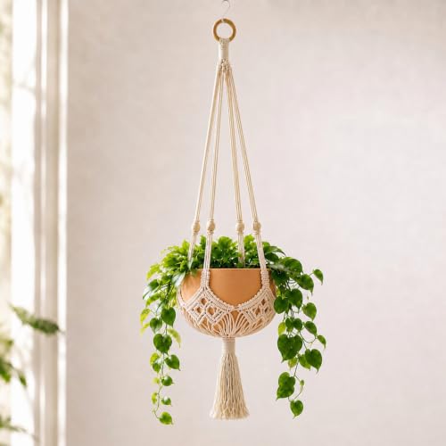Shappy 1 Pack Boho Macrame Plant Hanger, Large Hanging Planter Plant Holder Pot Hanger Hanging Basket Wall Planters, Plants Lover Gift for Indoor Garden (Wooden Ring and Wooden Beads,White) - color: White, size: Wooden Ring and Wooden Beads