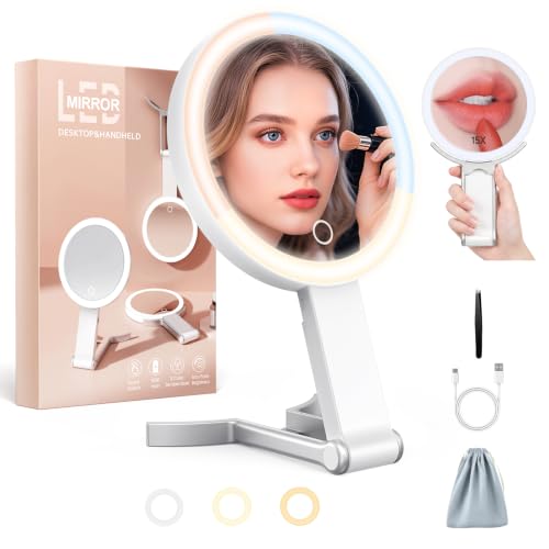 Travel Makeup Mirror with Lights, 15X/1X Double Sided Travel Magnifying Mirror, Portable Beauty LED Mirror, 3 in 1 Tabletop/Handheld/Hanging, 3 Color Lighting, Dimmable Touch, Gifts for Women