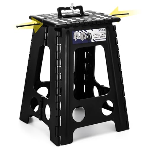 Delxo 17.5 Inch Folding Step Stool,Foldable Stool for Adults with Safety Lock,Portable Collapsible Plastic Step Stool,Non Slip Folding Stools for Kitchen Bathroom Bedroom Up to 400LBS,(Black 1PC) - color: Black, size: 17.5 Inch