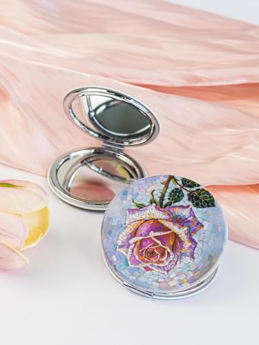OMIRO 1X/10X Compact Magnifying Mirror, Unique Painting Pocket Mirror with Classical PU Leather (Round, Pink Rose) - color: Pink Rose