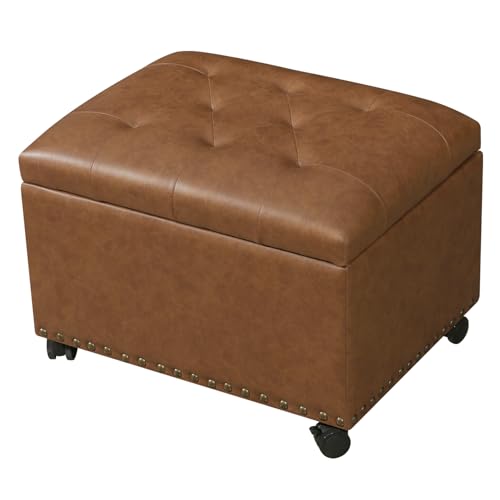 Leather Storage Ottoman,24’’Foot Rest Ottomans with Wheels and Hinged Lid Rectangle Upholstered Foot Stools Nailhead Trim for Living Room Bedroom,Vintage Golden Brown - color: Vintage Golden Brown With Wheels