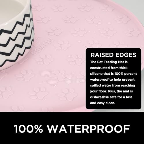 Comtim Waterproof Dog Food Mat - 2 Pack Silicone Pet Food Mat Dog Food Bowl Mats Cat Water Mats Eating Tray, Non-Slip Pet Placemat with Lip for Messy Drinkers to Protect Floor,Pink 11"×11" - color: Pink