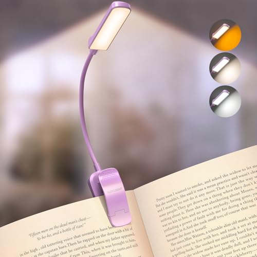 Glocusent 13 LED Rechargeable Book Light for Reading at Night, Eye-Caring 3 Amber Colors & Stepless Dimming, Lasts 1 Week to 2 Months, Travel Clip on Lamp, Gifts for Book Lovers, Men, Women & Kids - color: Purple