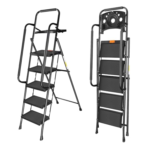 Valeo 5 Step Ladder with Handrails,500 Lbs Capacity,Folding Step Stool Ladder with Tool Platform,Wide Anti-Slip Pedal,Step Ladder 5 Step Folding,Multi-use for Home,Kitchen,Office,Black - style: 5 Step Ladder with Handrails