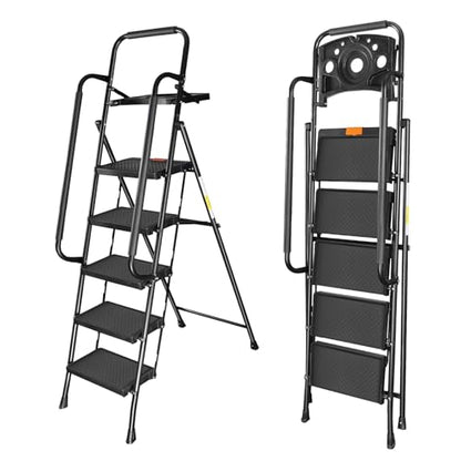 Valeo 5 Step Ladder with Handrails,500 Lbs Capacity,Folding Step Stool Ladder with Tool Platform,Wide Anti-Slip Pedal,Step Ladder 5 Step Folding,Multi-use for Home,Kitchen,Office,Black - style: 5 Step Ladder with Handrails