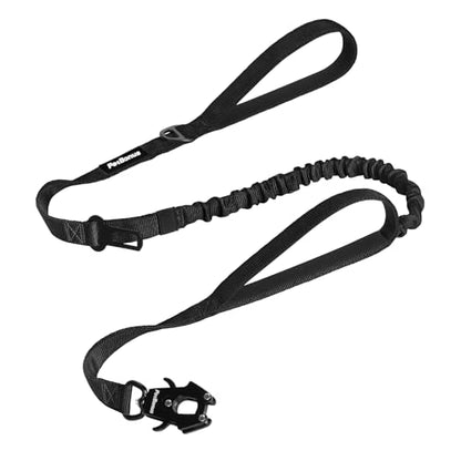 PetBonus Heavy Duty Tactical Dog Leash, 5 FT Bungee Shock Absorption Leash with 2 Padded Handles, Quick Release Metal Clip, Car Seatbelt, No Pull Training Lead for Large Medium Dogs (Black) - color: Black