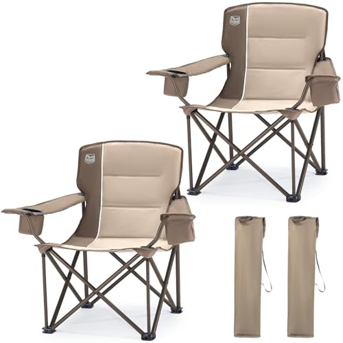 Timber Ridge 2 Pack Oversized Folding Camping Chair for Adults, Support 550 LBS Heavy Duty with Cup Holder Side Pocket for Camp, Lawn, Picnic, Tan - color: Tan-2 Pack, size: Single