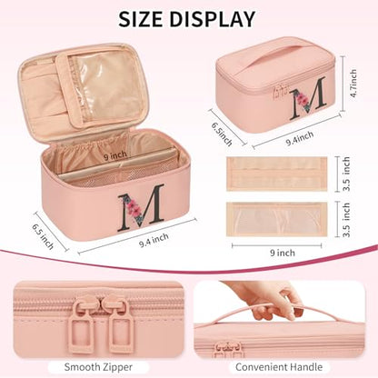 OCHEAL Initial Makeup Bag,Monogram Make up Bag Pink Travel Makeup Organizer Case Beauty Toiletry Cosmetic Bag with Brush Holder, Trendy Stuff Personalized Gifts for Women and Girls-M - color: Pink, style: M