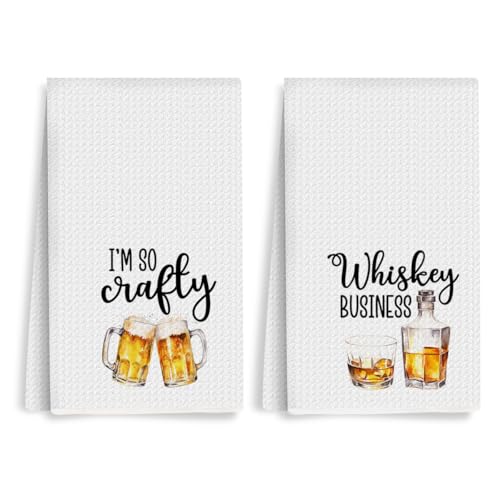 2Pcs Funny Kitchen Towels 24x14 Inch, Beer Whiskey Alcohol Decor Waffle Weave Hand Towels for Kitchen Bar, White Absorbent Microfiber Dish Cloth Tea Towel Housewarming Gifts for Women Hostess - color: Multi 0315