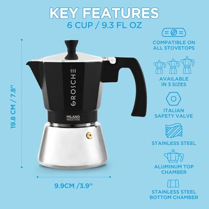 GROSCHE Milano Induction Stovetop Espresso Maker Moka Pot for Greca, Induction, Electric & Gas Stoves, Dishwasher Safe Stovetop Espresso Maker | 6 Espresso Cup, Black - color: Induction, Black, size: 6 espresso cups