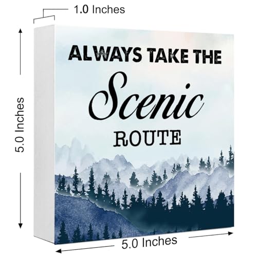 Blue Always Take the Scenic Route Woodland Backdrop Camping Wood Plaque Sign, Rustic Quote Mountain Lanscape Block Desk Decor for Home Camper RV Shelf Table - color: blue