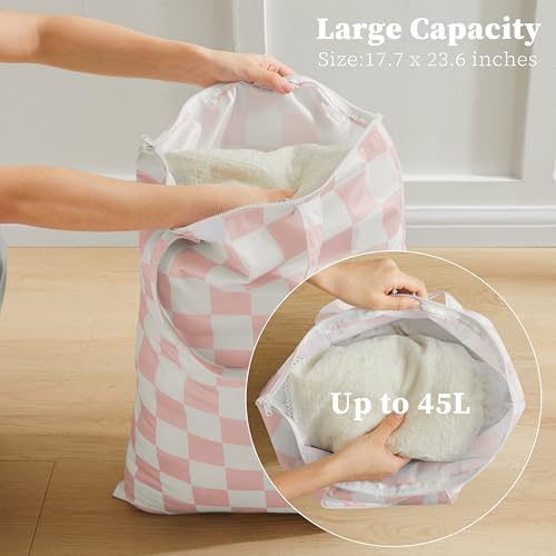 Ohocut Pink Checkered 2 Pcs Large Travel Laundry Bags for Dirty Clothes, Aesthetic Trendy Waterproof Washable Laundry Bag with Handle for Girls Women, Travel, Gym, Swimming Pool - color: Pink