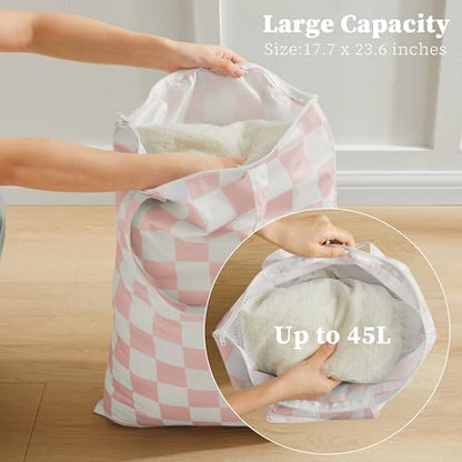 Ohocut Pink Checkered 2 Pcs Large Travel Laundry Bags for Dirty Clothes, Aesthetic Trendy Waterproof Washable Laundry Bag with Handle for Girls Women, Travel, Gym, Swimming Pool - color: Pink
