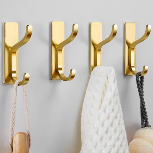 pickpiff Adhesive Wall Coat Hooks - Heavy Duty Stick-On Door Hanger, Metal Hook for Hanging Towel,Purse, Robe, Backpack, Jacket, Clothes - for Bathroom,Dorm, Closet, Kitchen - Gold, 4 Pack - color: Gold, size: 4 Pack