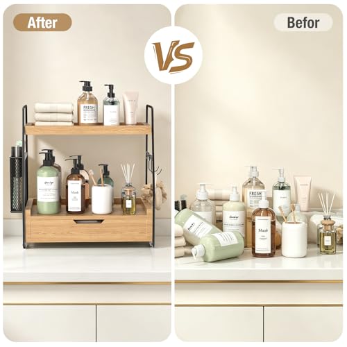 2-Tier Bathroom Counter Organizer with Drawer and Removable Basket, Wood Vanity Countertop Storage for Perfume, Makeup, Skincare, Bathroom Counter Shelf, 13" x 7.9" x 14.5", Light Brown - color: Light Brown