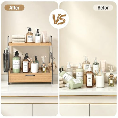 2-Tier Bathroom Counter Organizer with Drawer and Removable Basket, Wood Vanity Countertop Storage for Perfume, Makeup, Skincare, Bathroom Counter Shelf, 13" x 7.9" x 14.5", Light Brown - color: Light Brown