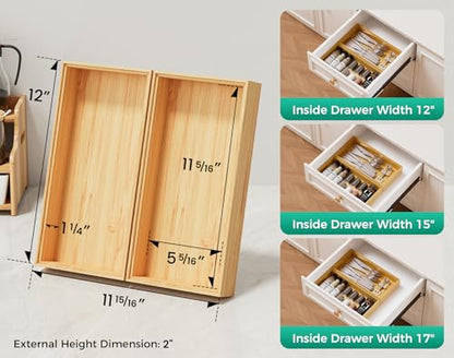Bamboo Kitchen Drawer Organizer Boxes – 12" x 6" Stackable Wood Silverware Utensil Tray for Drawers Bins, Cutlery & Flatware Storage – Wooden Organizers Set of 2 for Junk Drawer, Bathroom, RV - size: 12" x 6" x 2"