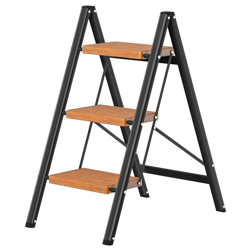 DIAMONDFORGE 3 Step Ladder, Lightweight Folding Step with Wide Anti-Slip Pedal & Feet, 330 lbs Capacity,Sturdy Steel Step Ladder for Home,Kitchen and Office,Woodgrain - color: Woodgrain, size: 3 Step