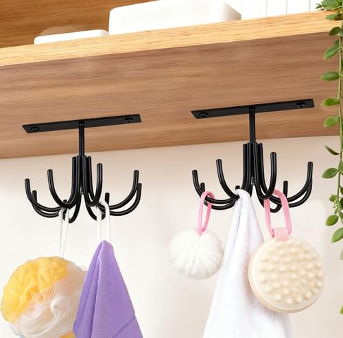 Metal Under Cabinet Kitchen Utensil Hooks,360° Rotating Kitchen Utensil Rack with 8 Hooks,Drilling Free Adhesive Utensils Hanging Rack for Tools/Towel/Knife (Black) - color: Metal-black