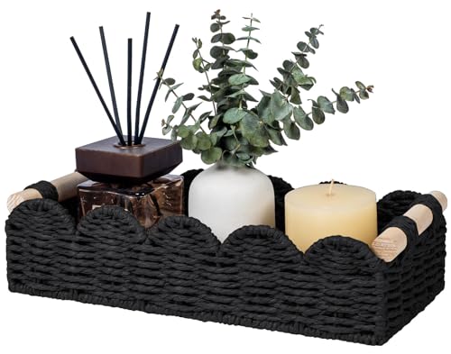 CubesLand Toilet Paper Storage Basket Organizer, Small Wicker Toilet Tank Top Decorative Baskets for Countertop, Handwoven Scalloped Basket w/handle for Home Decor, Living Room, Bedroom, Black - color: Black, size: s - 12.99 X 6.3 X 3.15in