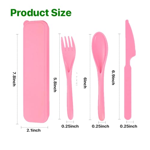Travel Utensils with Case, Camping Utensil Sets, Wheat Straw Portable Knife Fork Spoons Tableware, Reusable Utensils for Lunch Box (Pink) - color: Pink