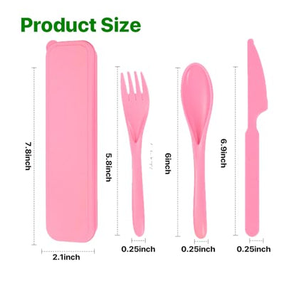 Travel Utensils with Case, Camping Utensil Sets, Wheat Straw Portable Knife Fork Spoons Tableware, Reusable Utensils for Lunch Box (Pink) - color: Pink