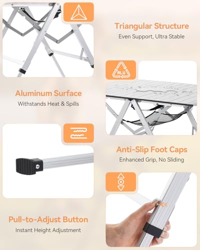 Sportneer Camping Table: 35.4"x23.6" Large Bi-Fold Portable Folding Table with Fast Open Design, 3 Adjustable Heights Aluminum Tabletop for Camping Picnics Fishing BBQs & Backyard Use - color: Silver